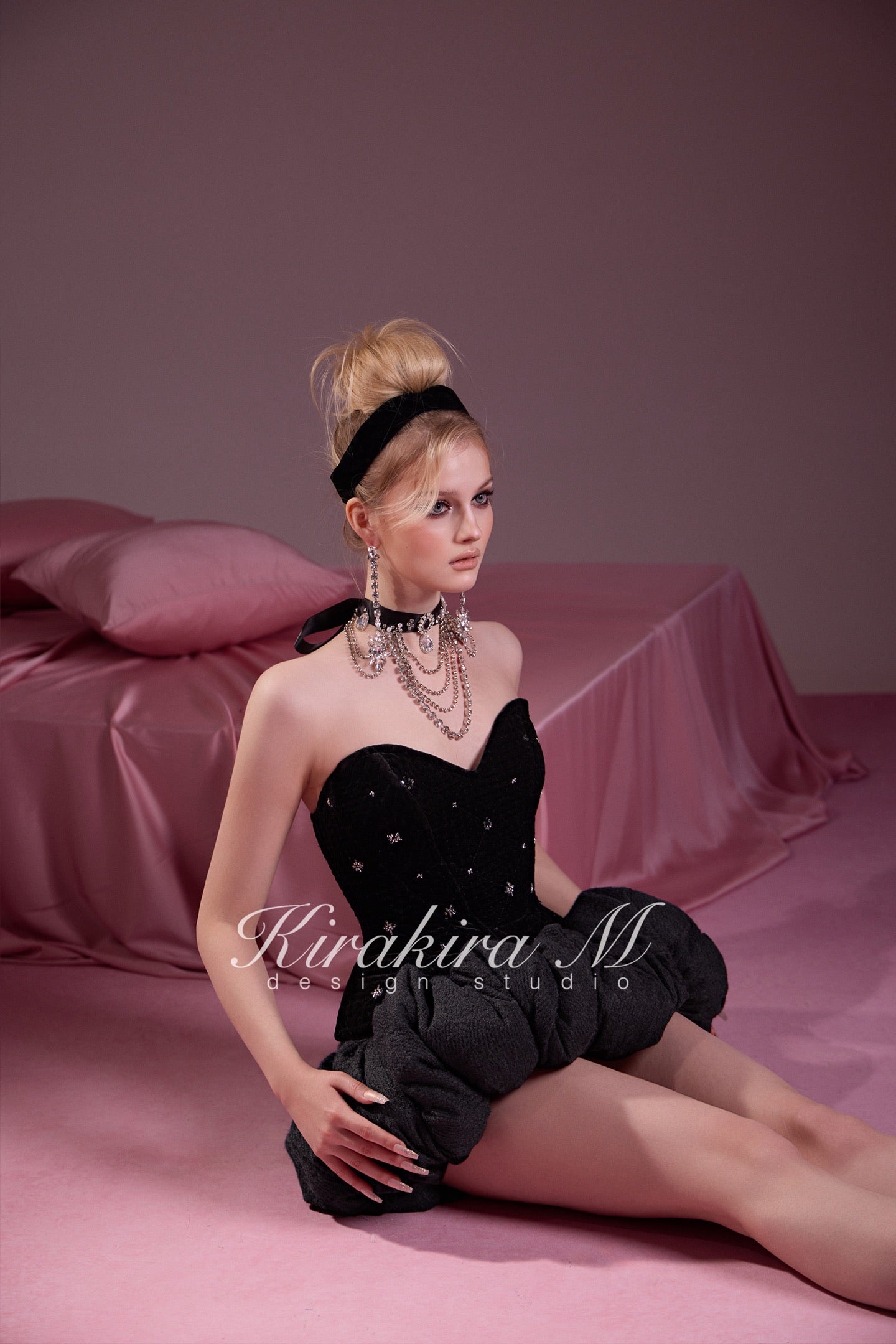 KIRAKIRA M Black Lightweight Quilted Beaded Top & Knitted Low-Waisted Bubble Skirt & Short