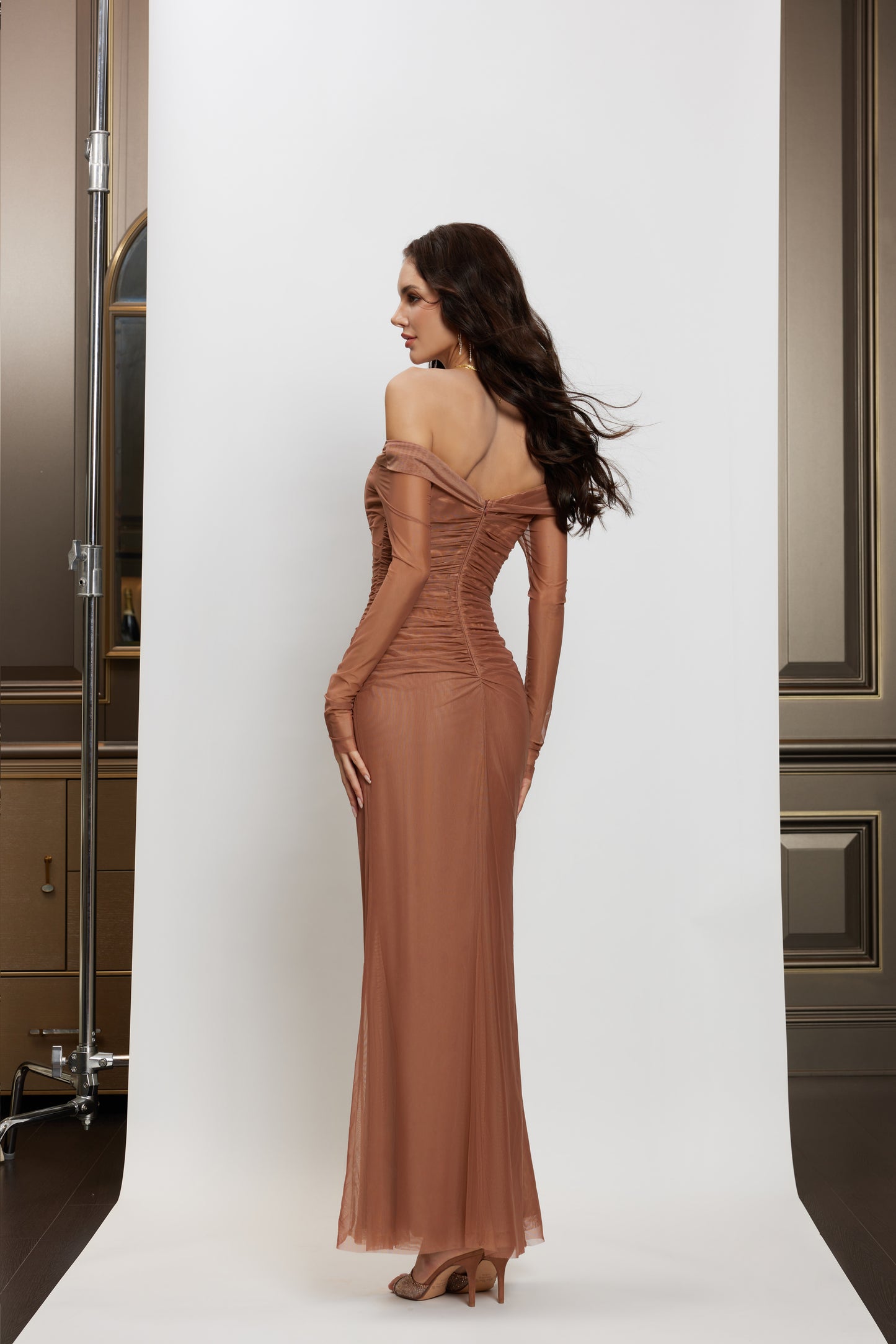 SHEERLUCK Pink & Nde & Brown Fishbone maxi dress