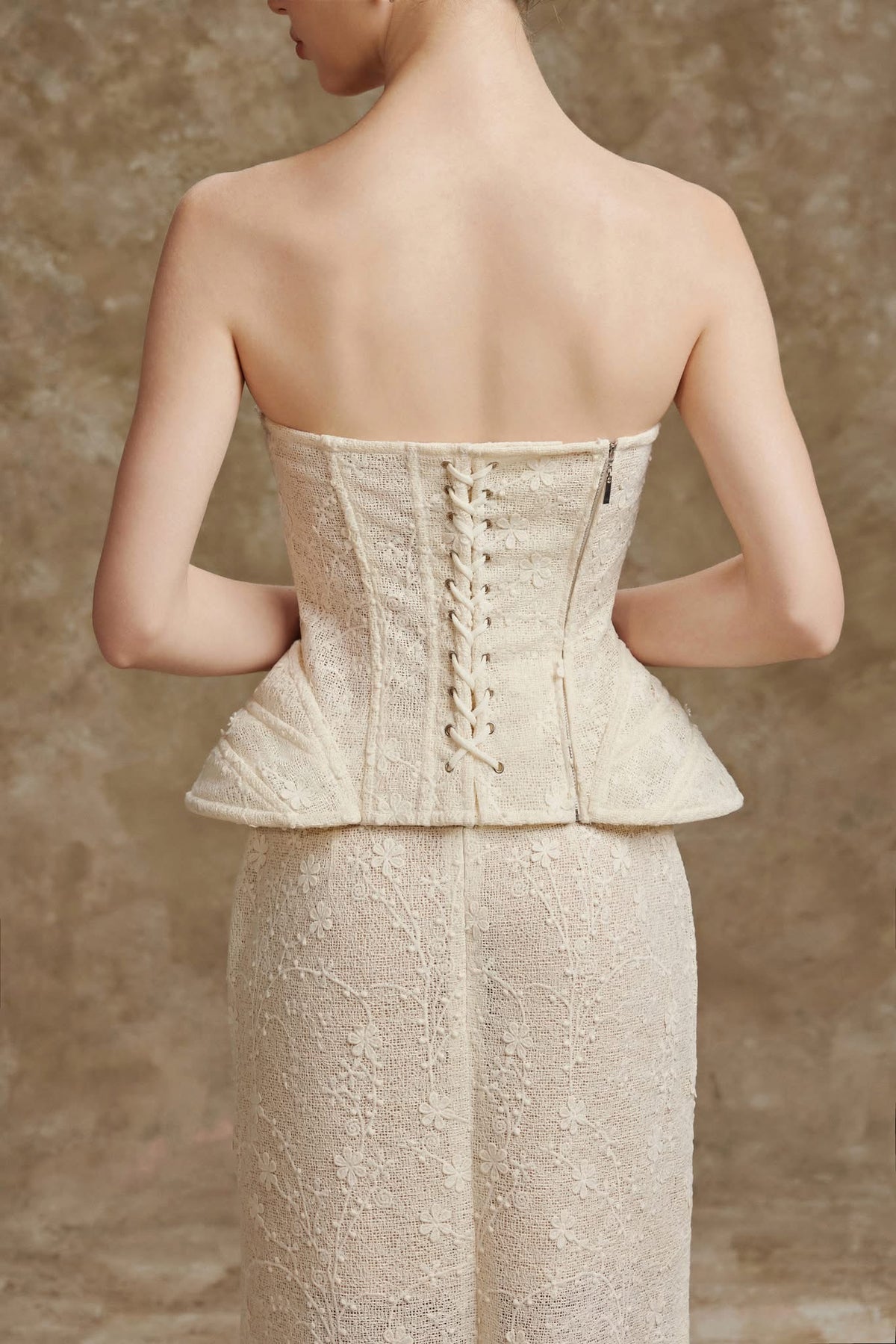 Cream Strapless Lace Peplum Sylvia Corset Top & Camila Midi Skirt