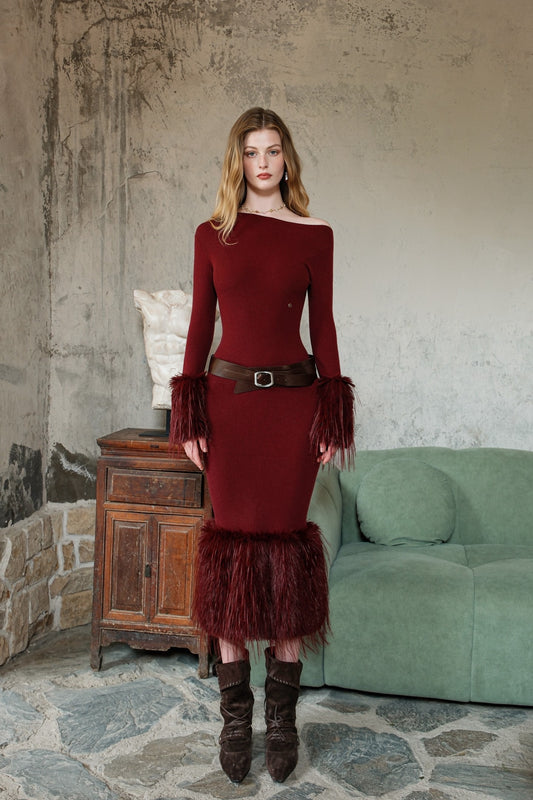 SHEERLUCK Red Plume Off-Shoulder Knitted Eco-Fur Midi Dress