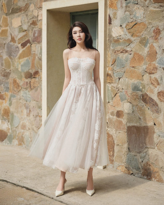 LOVELYN White Vacation Elegant Grace Midi Dress