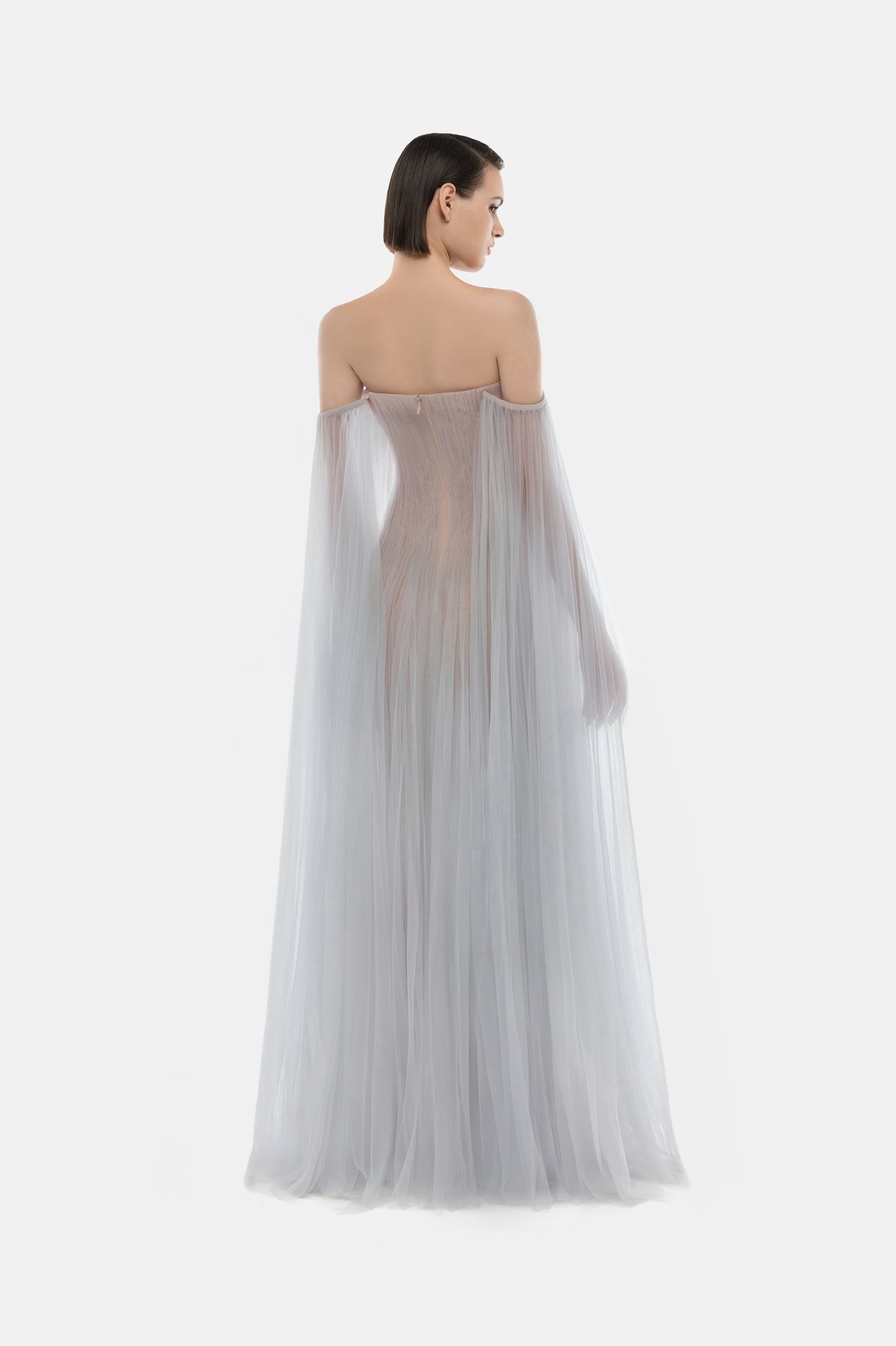 MONTSAND Baby Blue Vacation Elegant Tulle Off-shoulder Maxi Dress