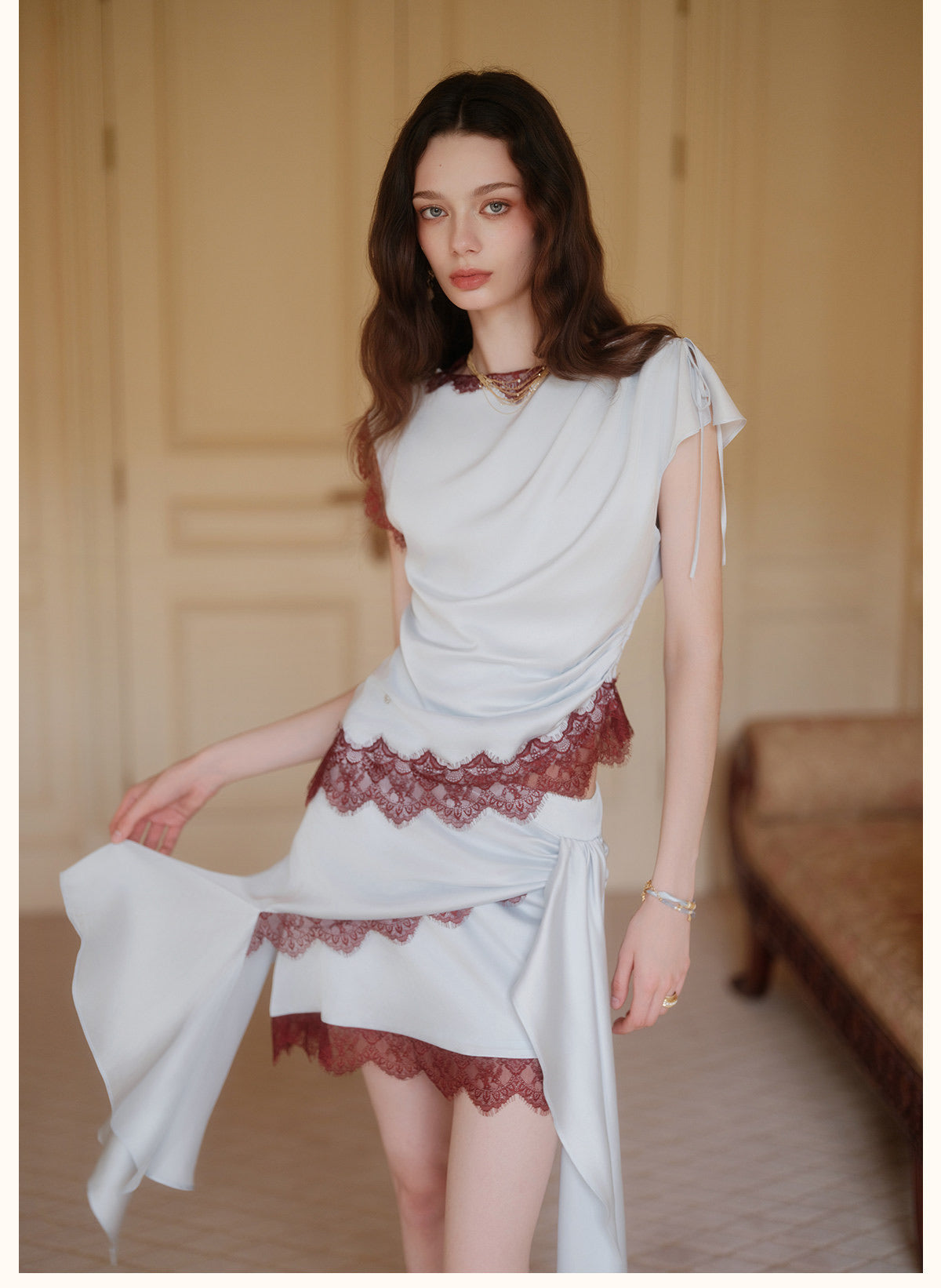 Blue Short-Sleeve Draped Satin Lace-Trim Twist Asymmetric Top & Mini Skirt