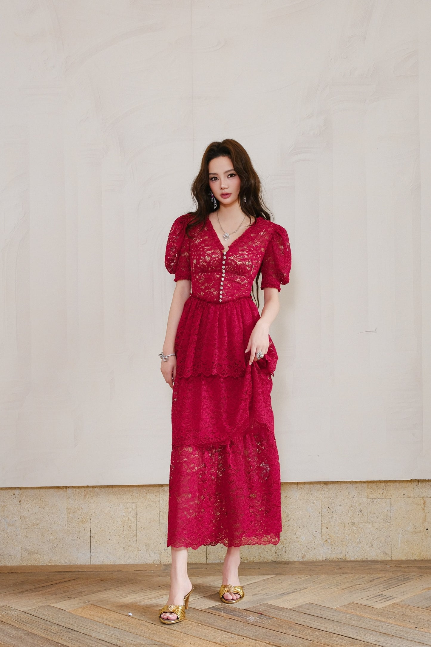 MASION WESTER Rose Red Lace Maxi Dress