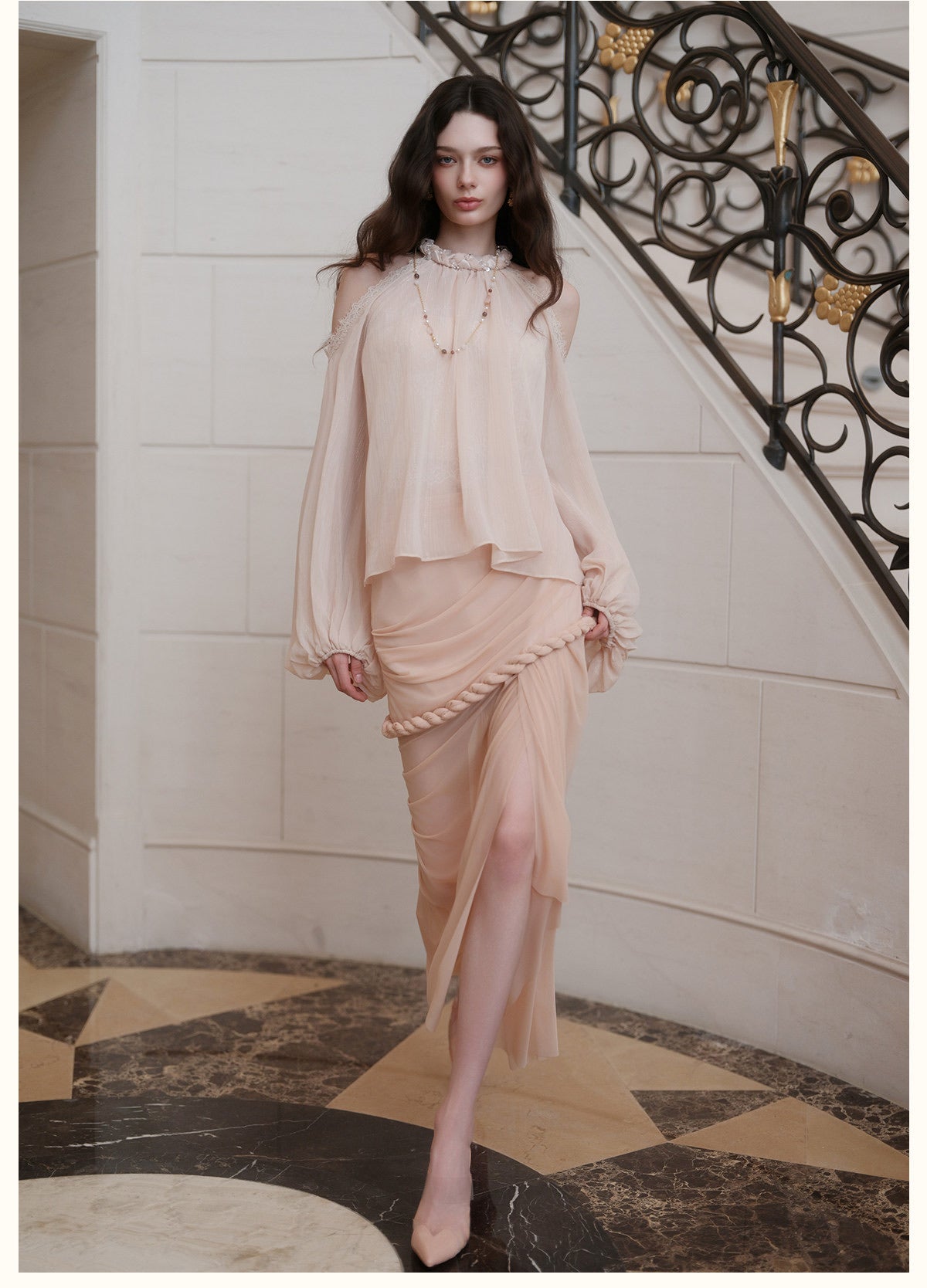 Cream Halter Off-Shoulder Lantern-Sleeve Metallic Shirt