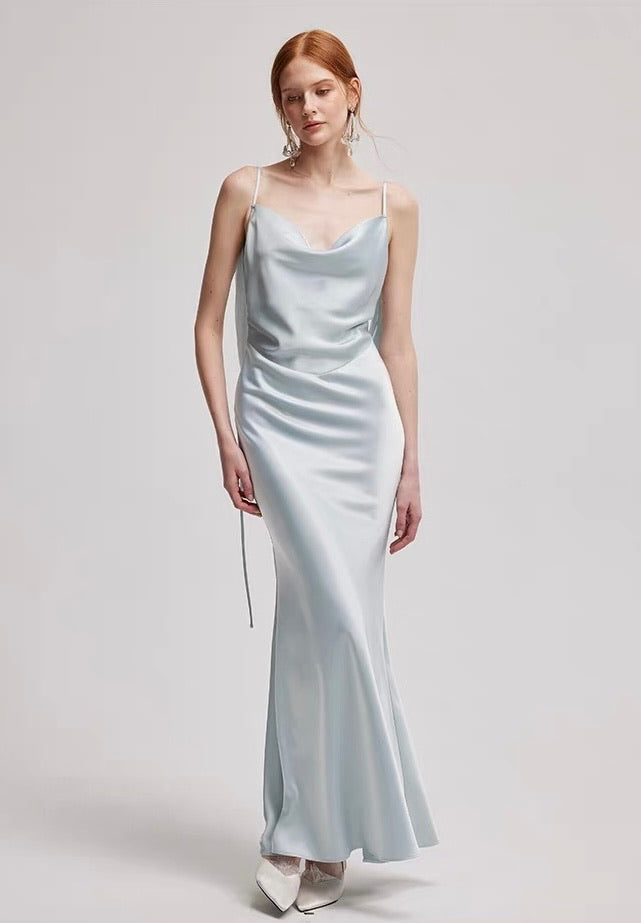 Blue Satin Cowl-Neck Slip Column Maxi Dress