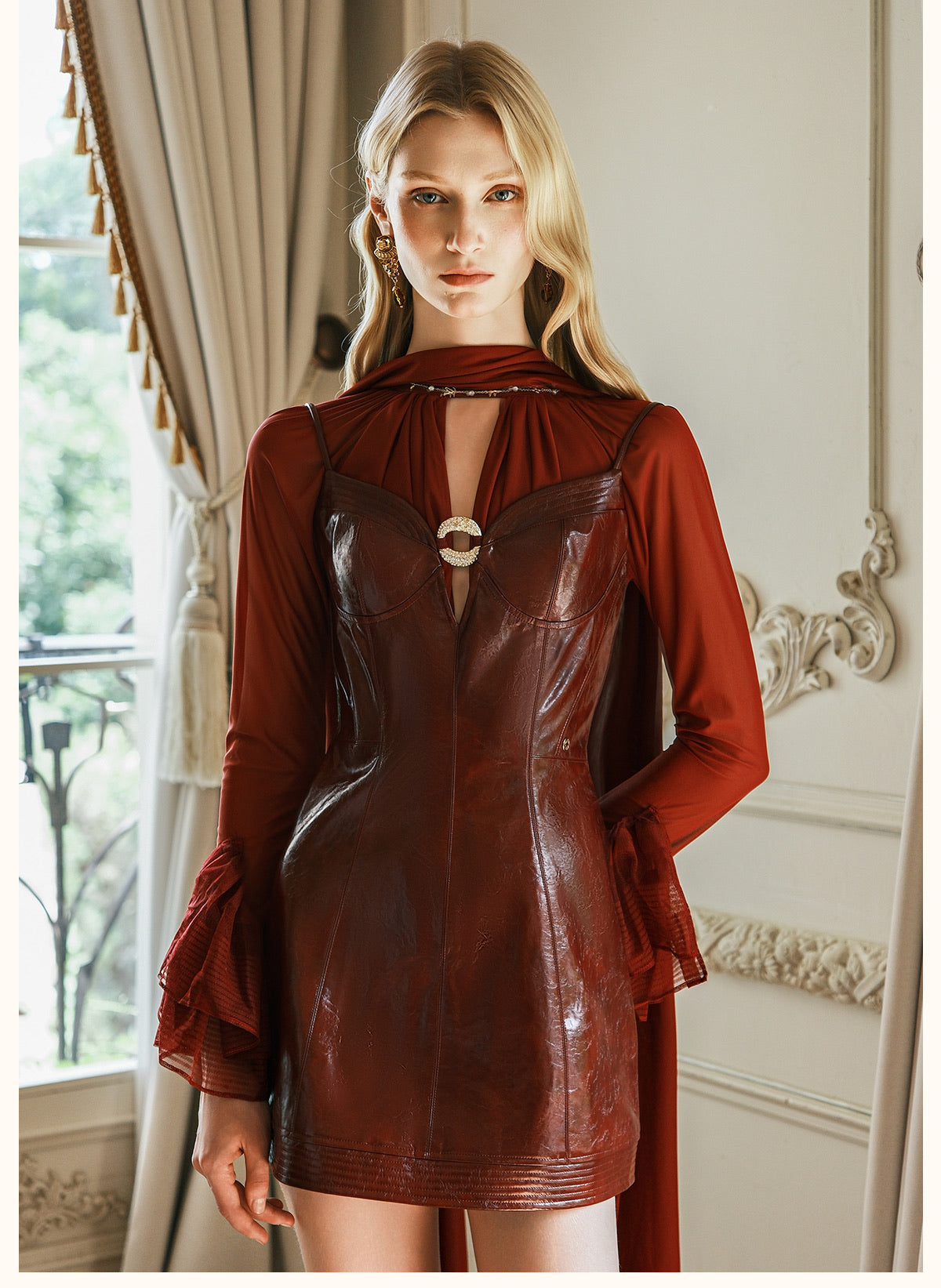 SHEERLUCK Red Leah Eco-Leather Strapless A-Line Mini Dress