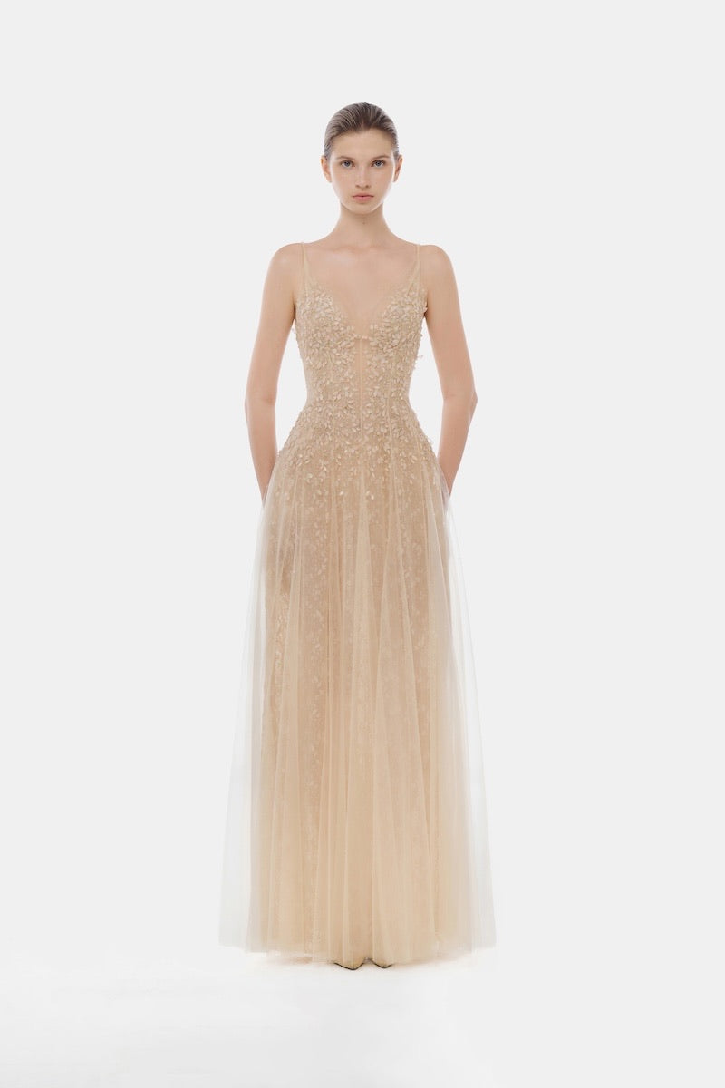 MONTSAND Nude Pastel Deep-V Maxi Dress