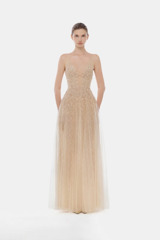 MONTSAND Nude Pastel Deep-V Maxi Dress