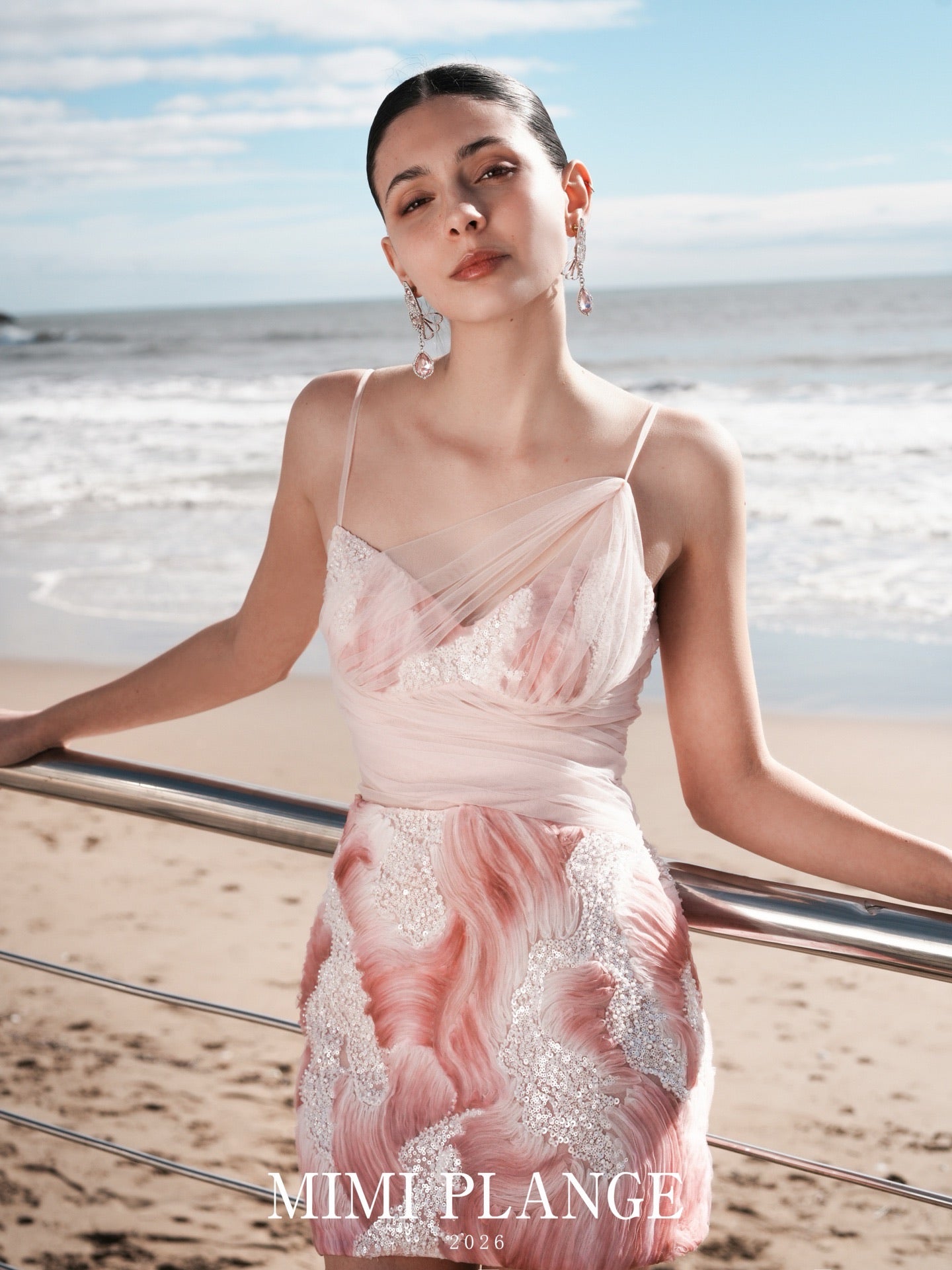 MIMI PLANGE Vacation Sweet Pink Beaded Yarn Mini Dress