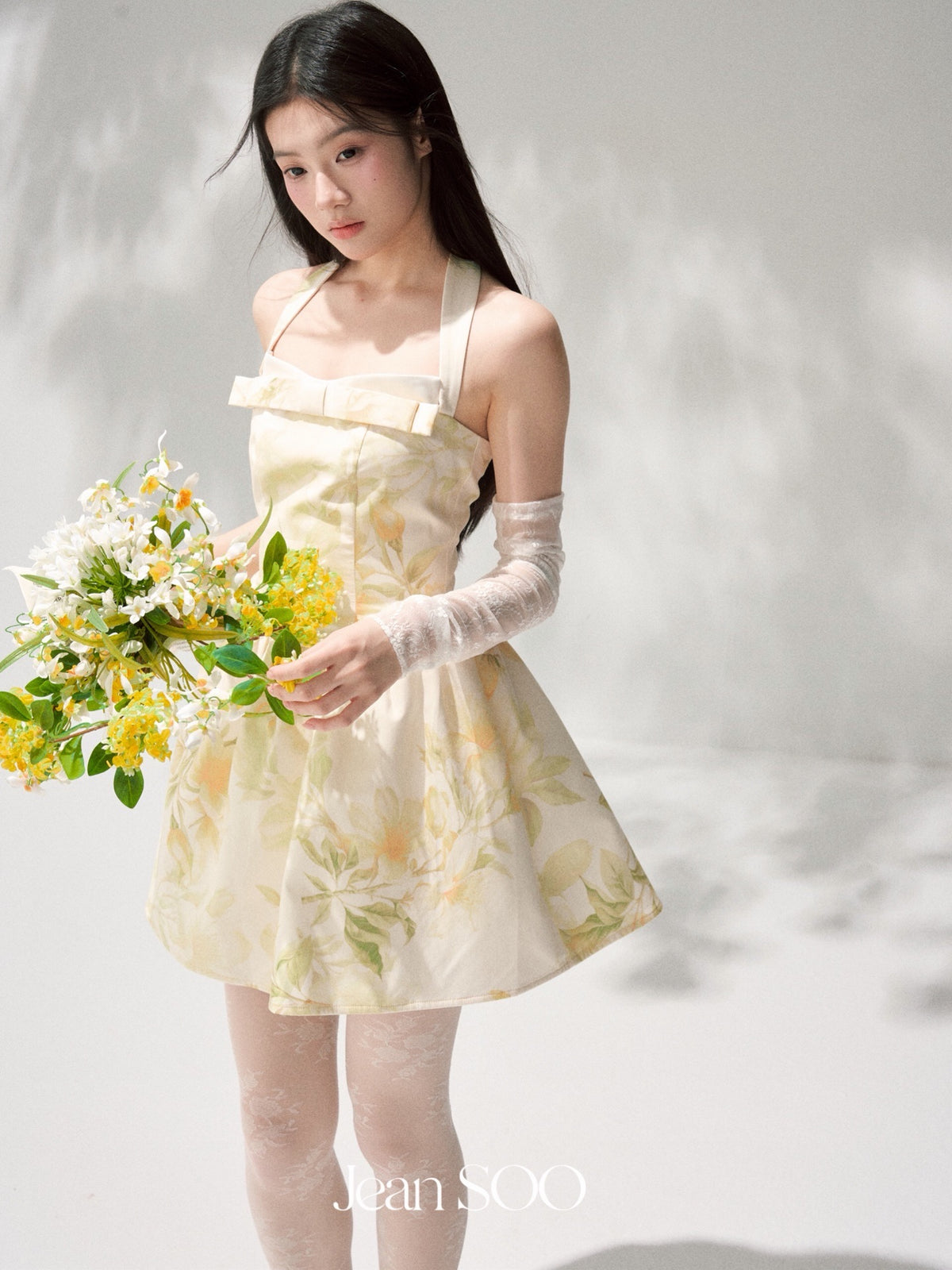 Yellow Ink Floral Halter Strapless Bow A-Line Mini Dress