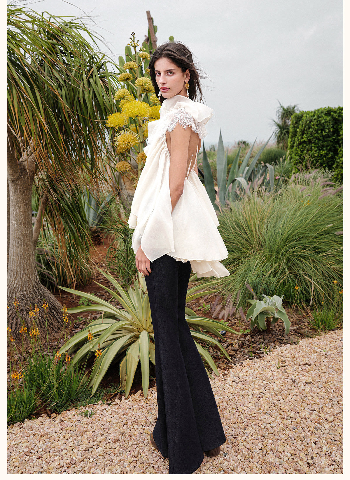SHEERLUCK Vacation Fairycore White Ripple V-neck Top & Indigo Pants
