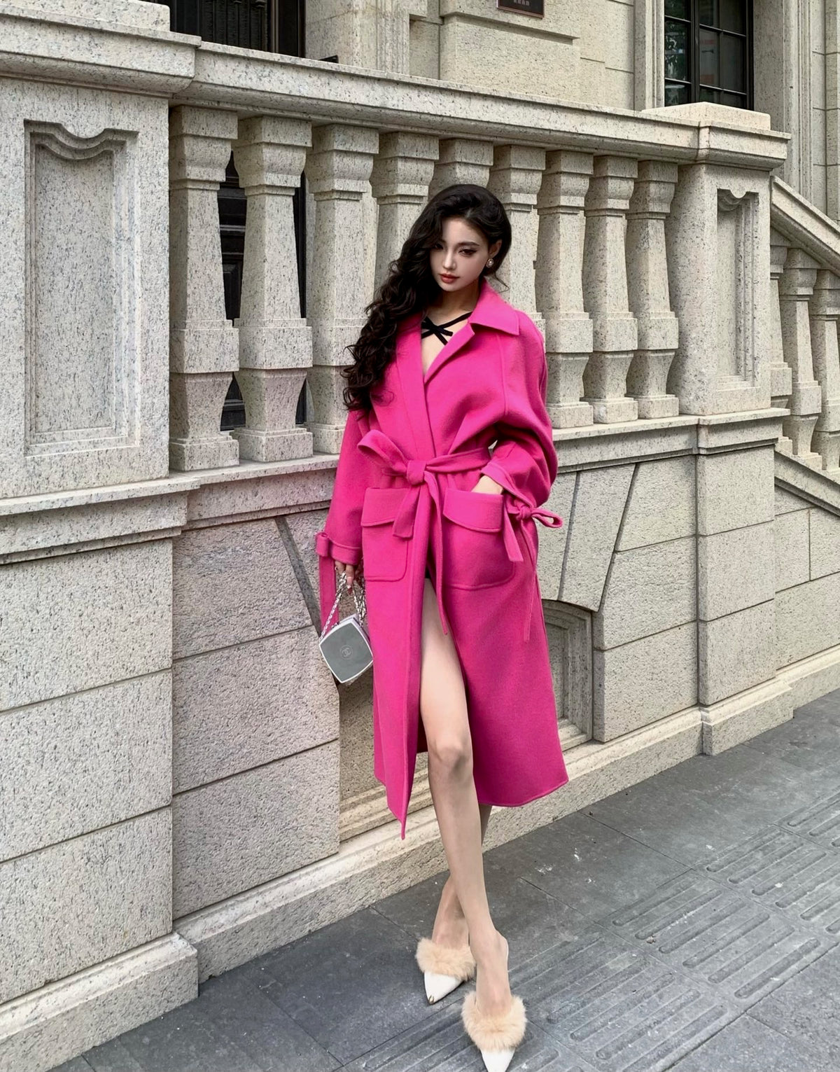 Maison Wester Bright Pink Collar Button-Up Tweed Coat