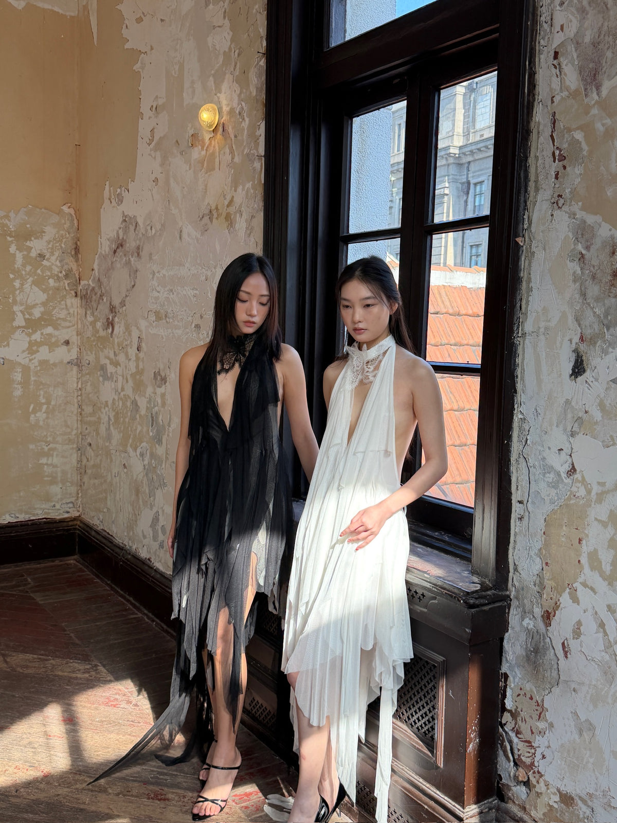 Black Halter Irregular Sheer Tulle Midi Dress