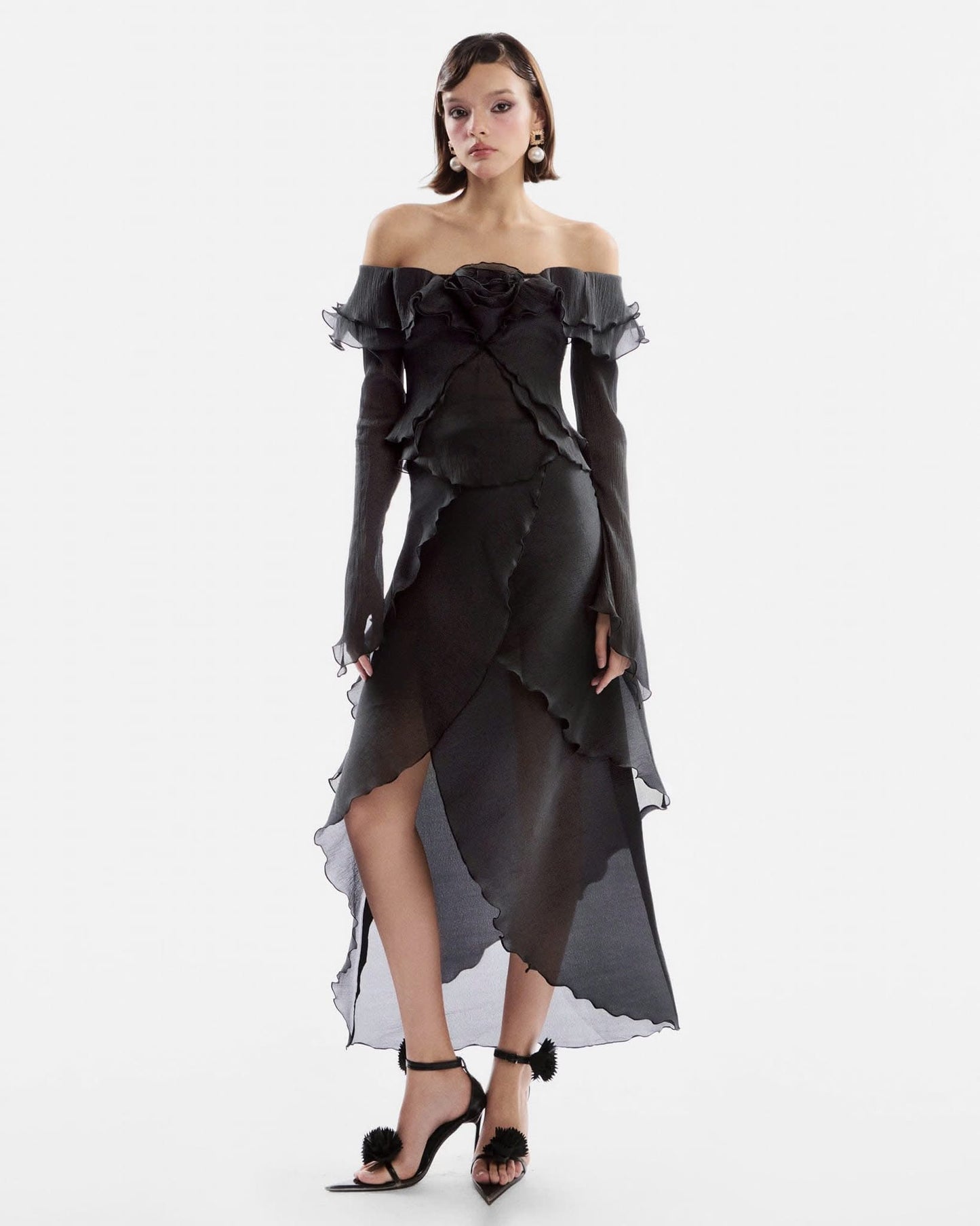 Musthave Black Flared Off Shoulder Top& Pleated Skirt