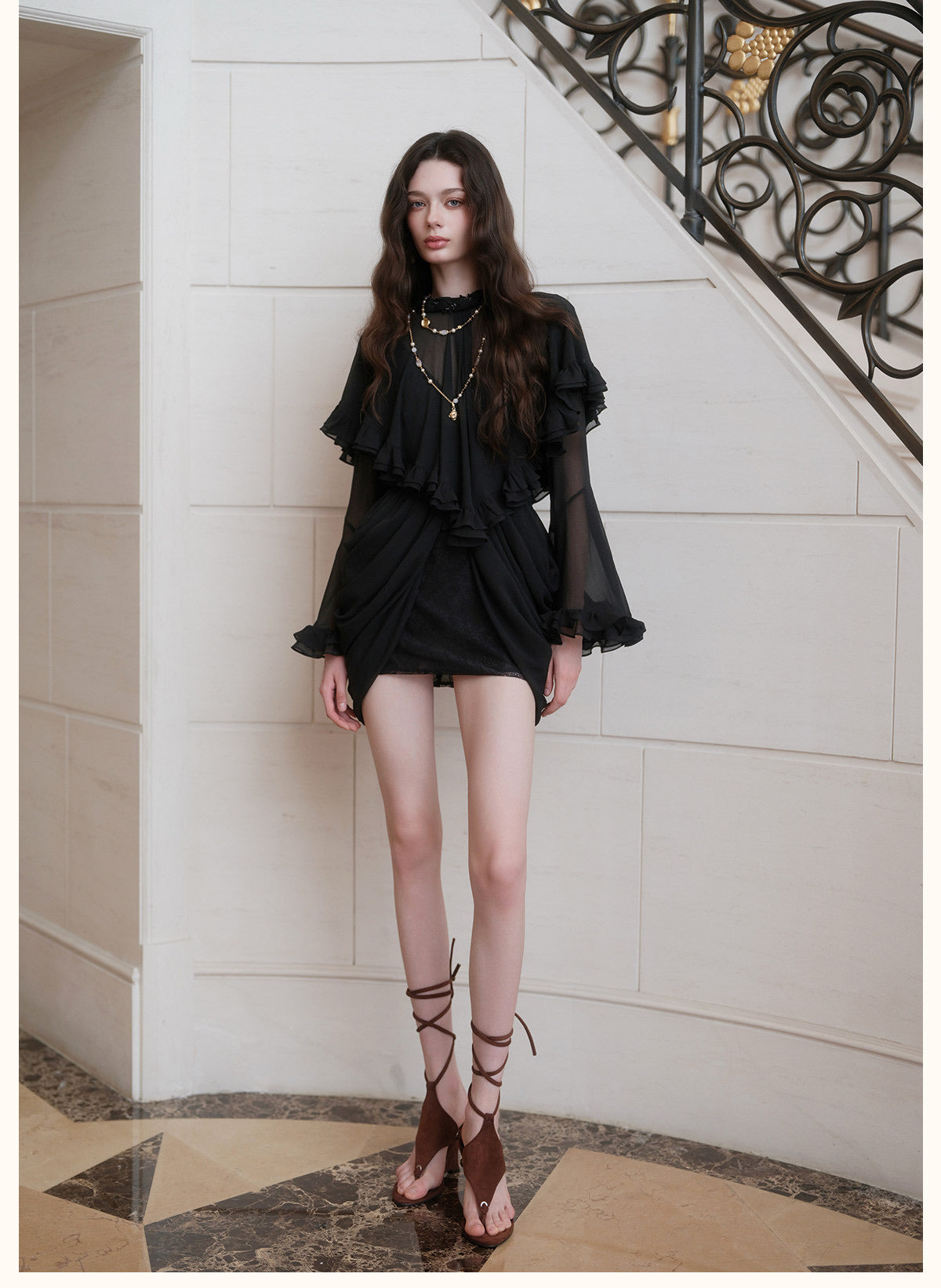 Black High-Neck Beaded Ruffle Bell-Sleeve Chiffon Overlay with Lace Mini Dress