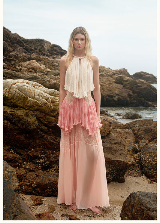Sheerluck Elegant Vacation Pink Laguna French Lace Maxi Dress