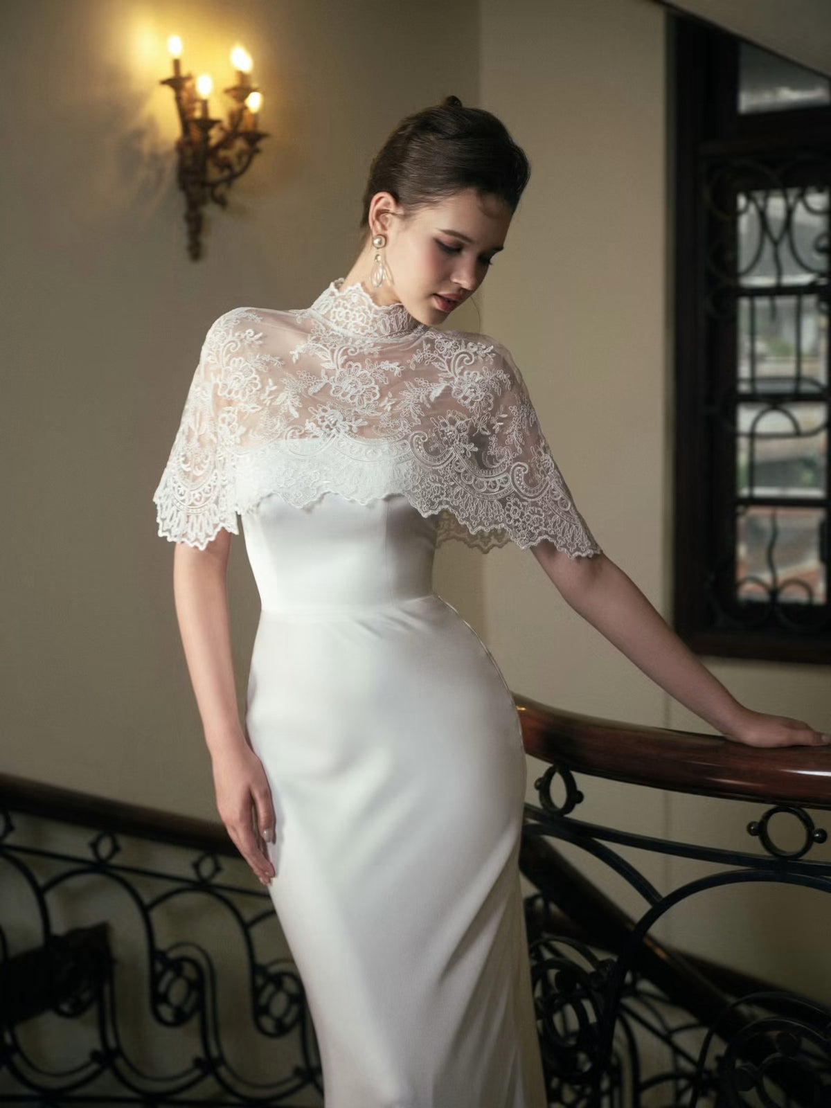 White Satin Mirella Maxi Dress With Elia Lace Cape