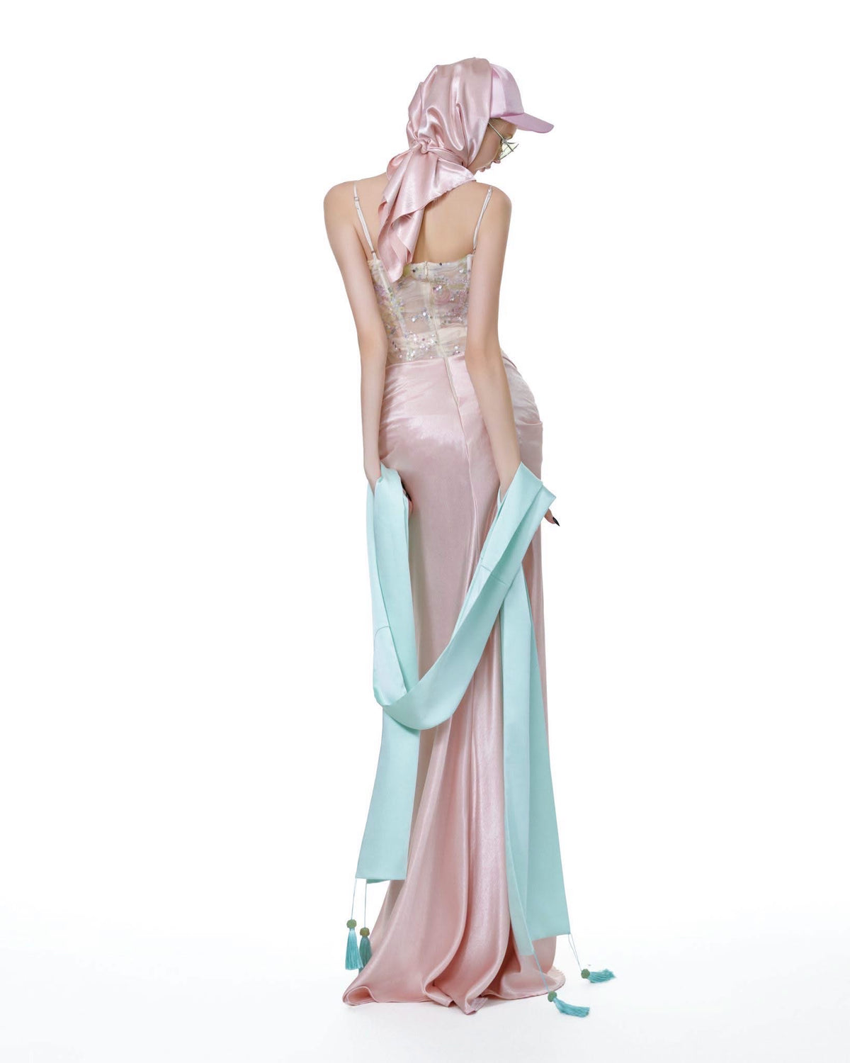 White Pink Satin Lace Twist Trumpet Eileen Maxi Dress
