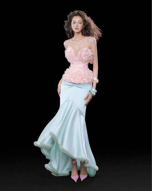 Pink Strapless 3D-Flower Maty Top & Satin High-Low Trumpet Reniosa Midi Skirt