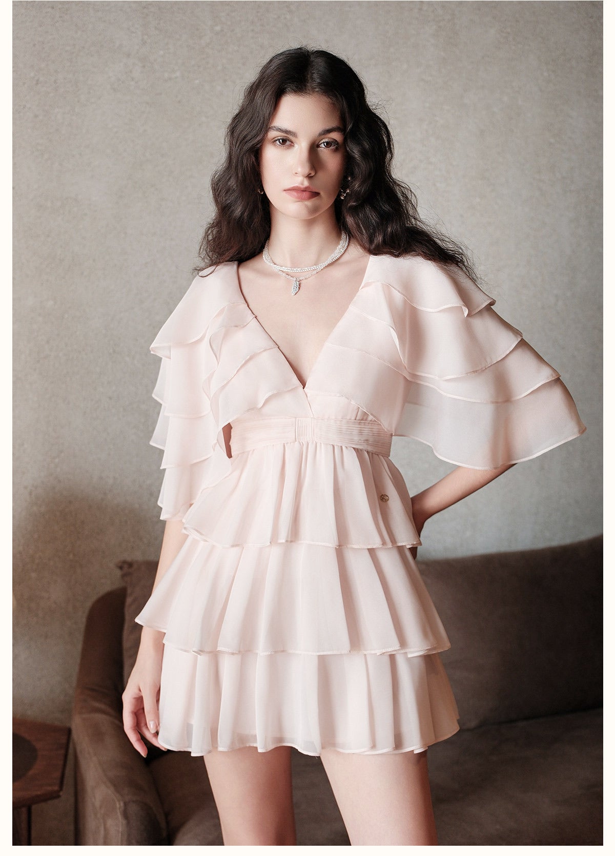 SHEERLUCK Pink Levette V-neck Vacation Mini Dress