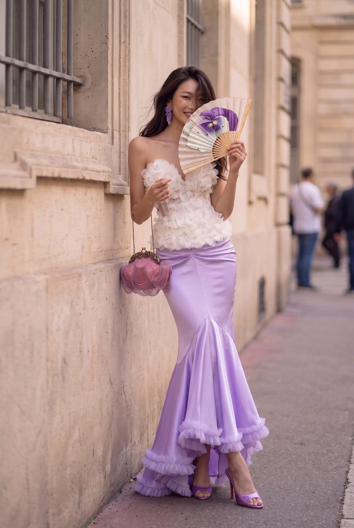 Pink Strapless 3D-Flower Maty Top & Satin High-Low Trumpet Reniosa Midi Skirt