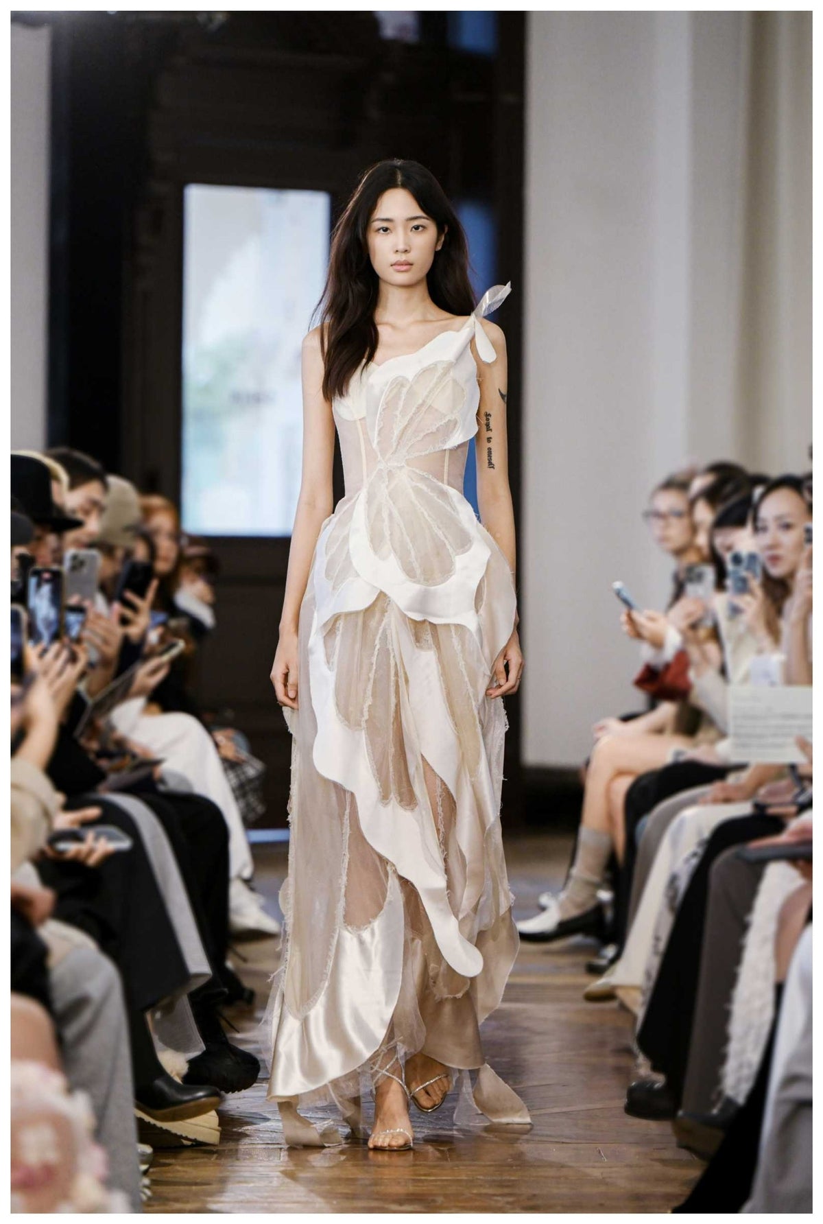 White 3D Petal Sheer Tulle Maxi Dress