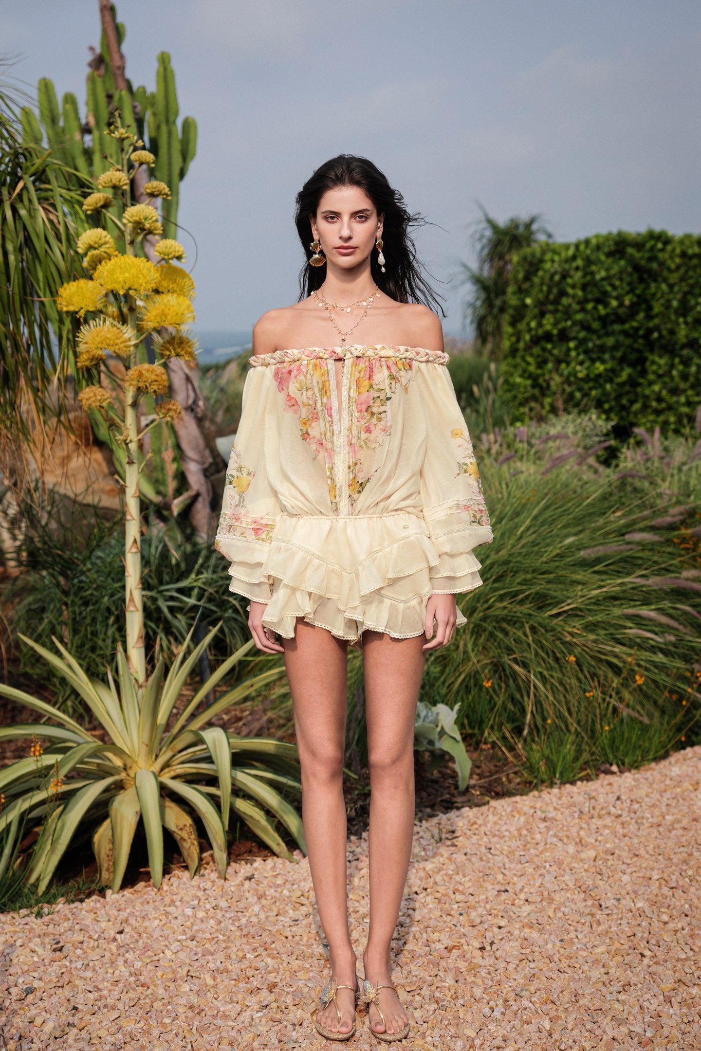 SHEERLUCK Sweet Vacation White Muse Venier Off-the-shoulder Top Mini Shorts