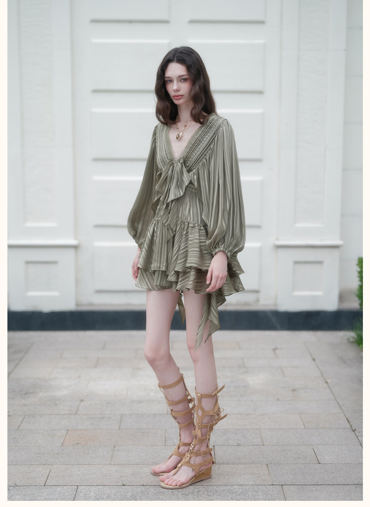 Green Striped Satin Lantern-Sleeve V-Neck Bow Tiered Mini Dress