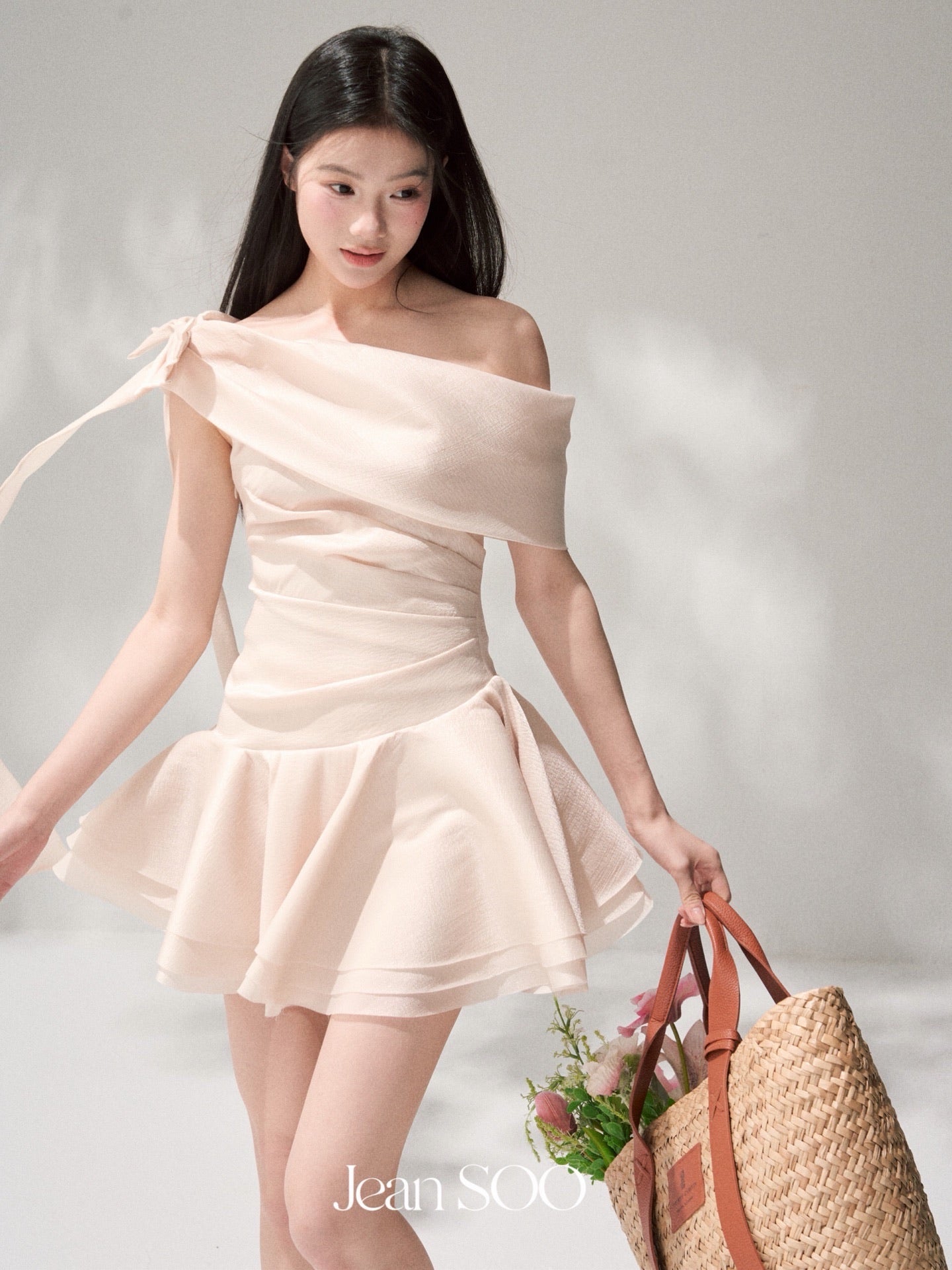 JEAN SOO Sweet Vacation Pink Satin Slopeing Shoulder Mini Dress