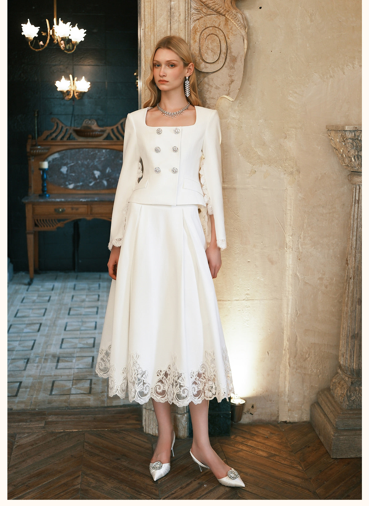 SHEERLUCK Black Mirage Vintage Stand Collar Lace & Diamond-embellished Jacket & Skirt