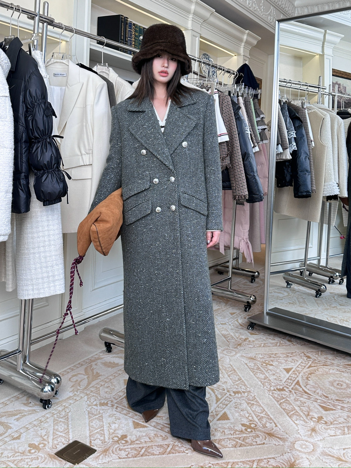 Maison Wester Grey Patterned Double-Button Long Coat