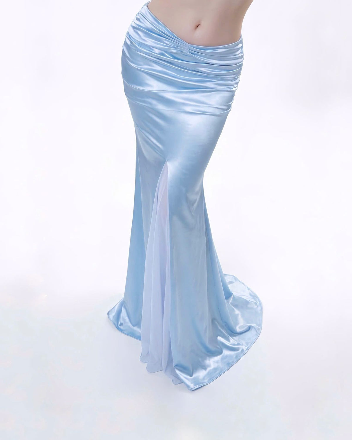Silver Sequin Halter Deep-V Fringe Eliora Top & Blue Satin Twist Trumpet Monali Maxi Skirt
