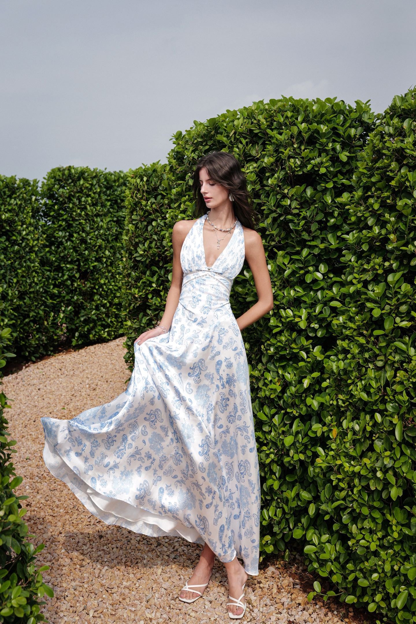 SHEERLUCK Sweet Vacation Floral Verdant French V-neck Halter-neck Maxi Dress