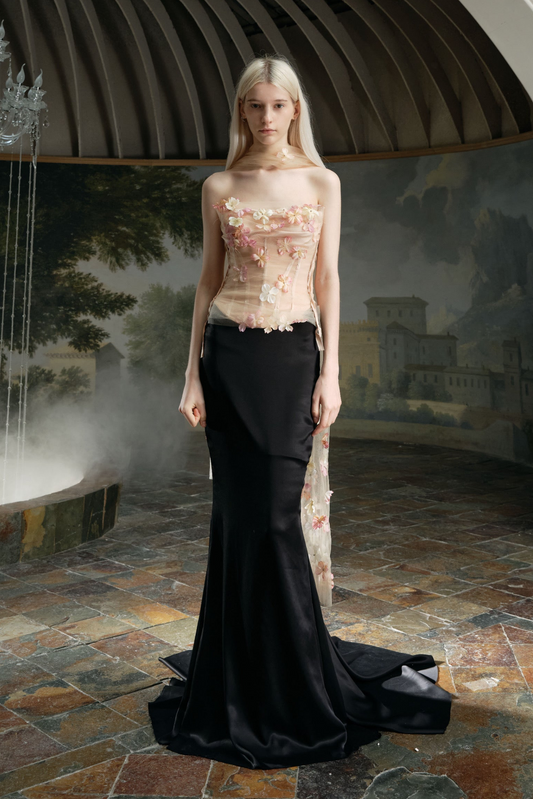Nude Floral Camisole Top & Black Half Skirt