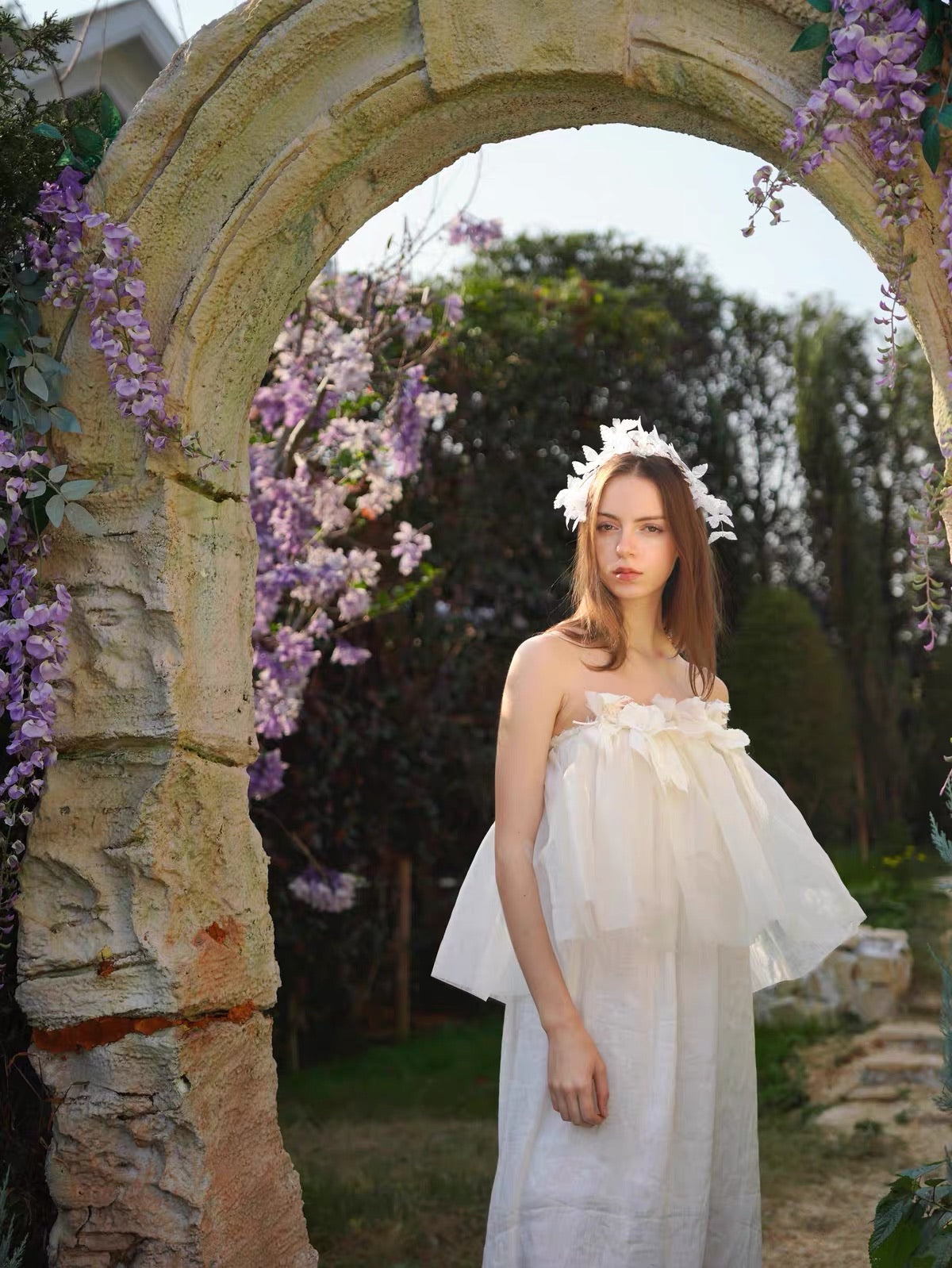 White Off Shoulder 3D Floral Linen Maxi Dress