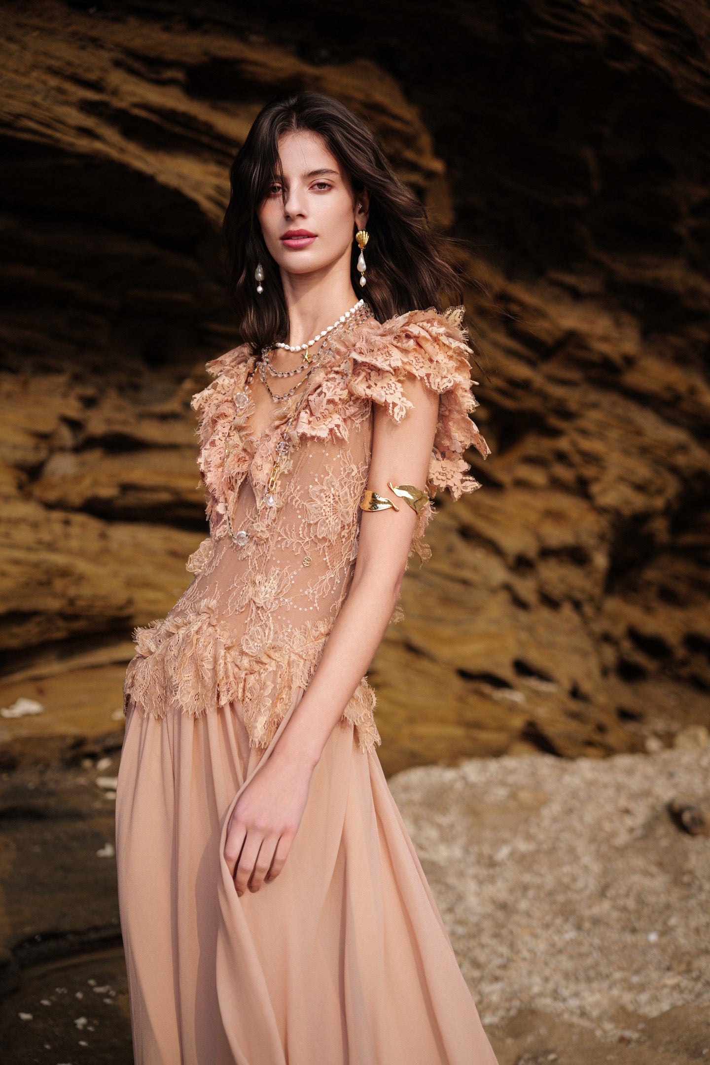SHEERLUCK Floral Vacation Cream Muse Multi-layered Lace Panel Maxi Dress