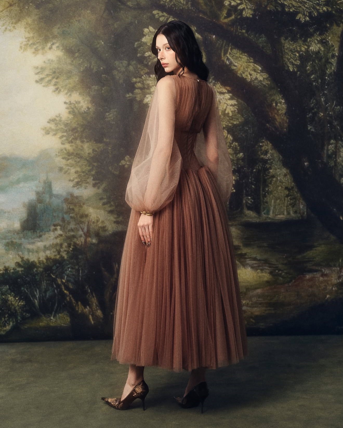 LINHPHUNG Brown Gauze Sylvara Midi Dress