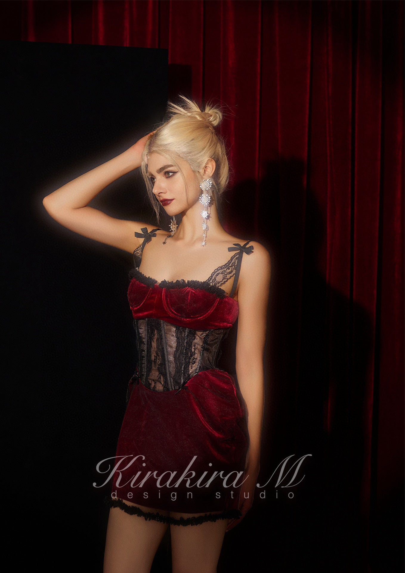 KIRAKIRA M  Red velvet with fishbone lacy party Mini Dress