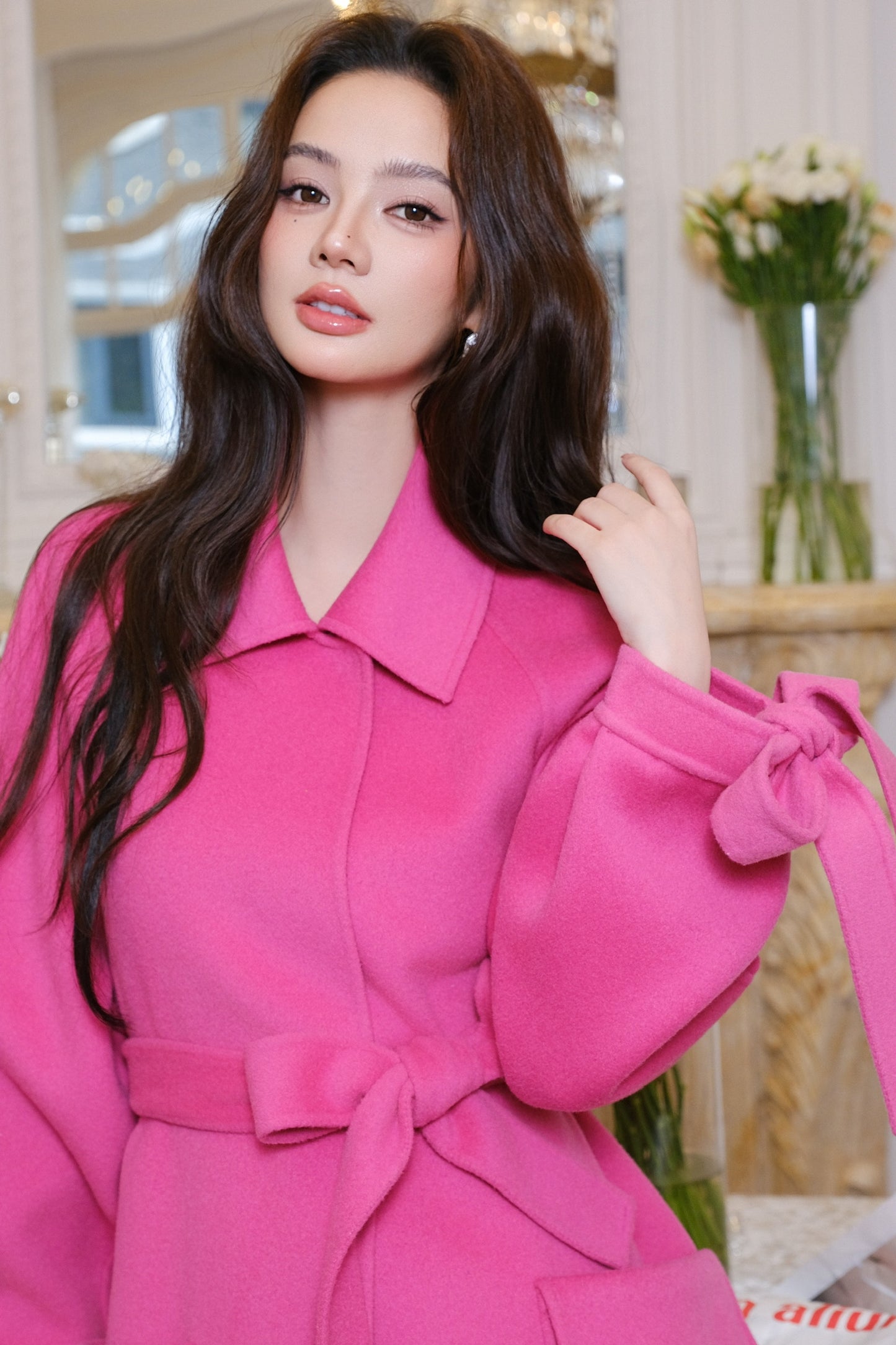 Maison Wester Bright Pink Collar Button-Up Tweed Coat