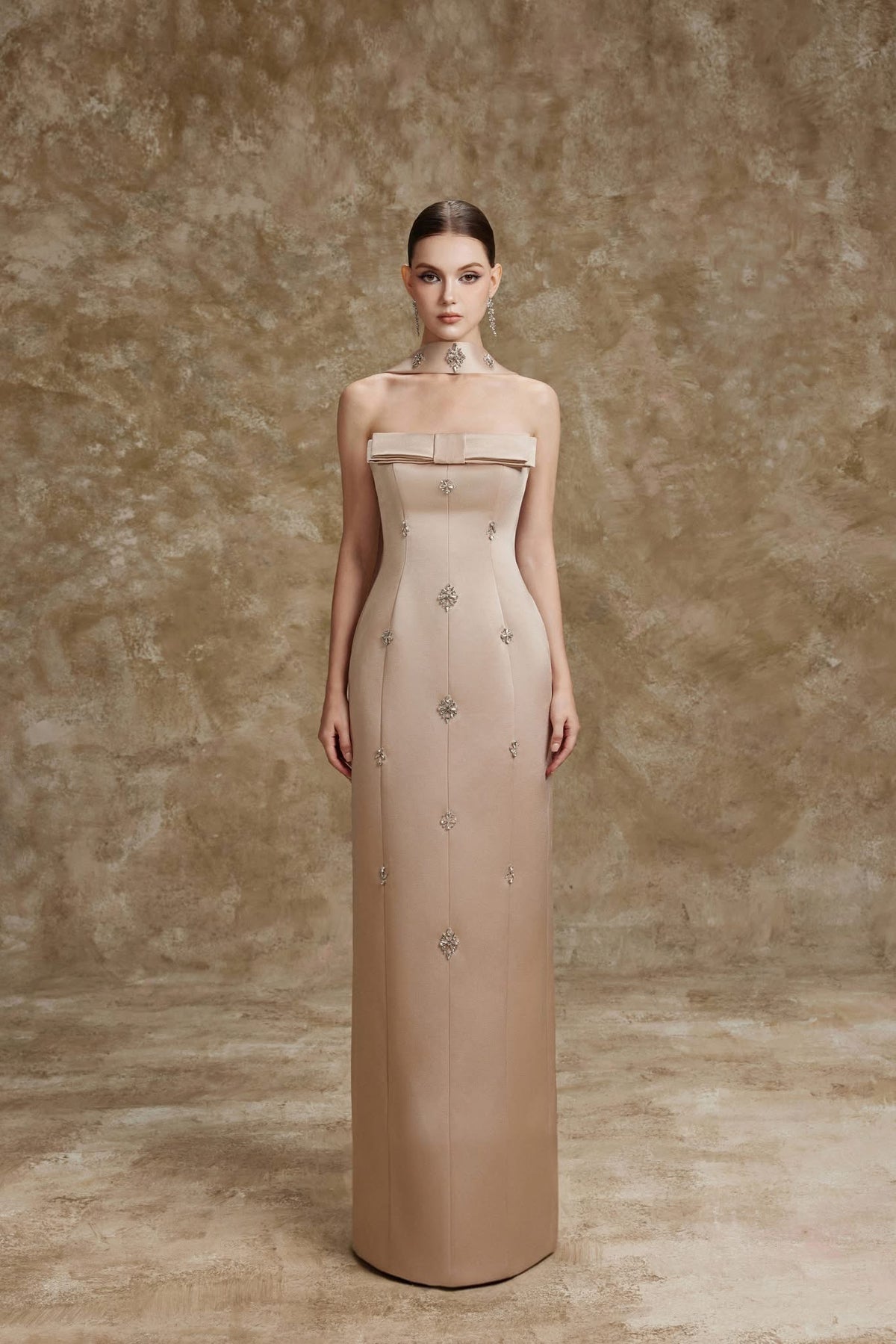 Gold Halter-Band Strapless Corset Crystal-Flower Pencil Maxi Dress With Scarf