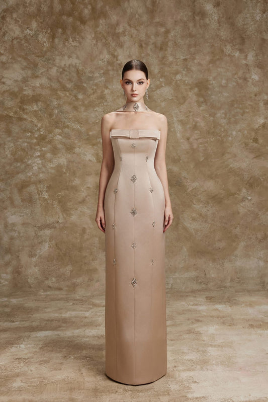 Gold Halter-Band Strapless Corset Crystal-Flower Pencil Maxi Dress With Scarf