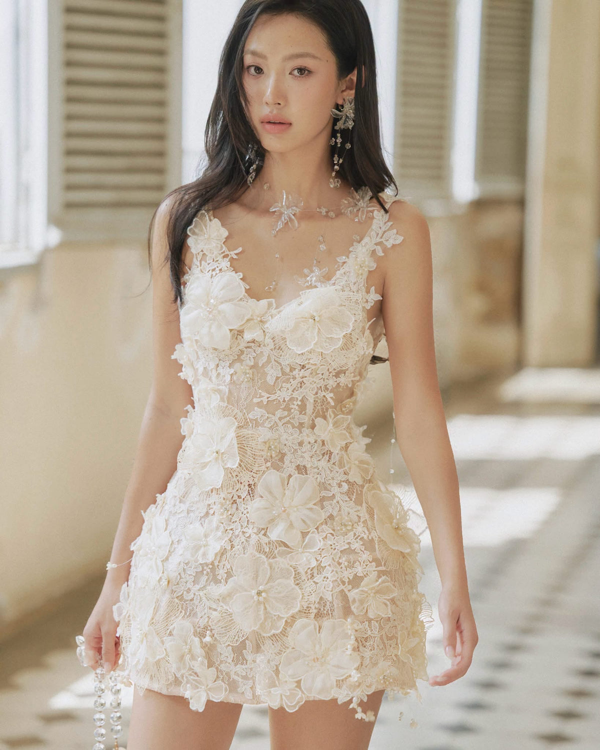 White 3D Floral Lace Pearl Rhinestone Sheer Spaghetti-Strap Brielle Mini Dress