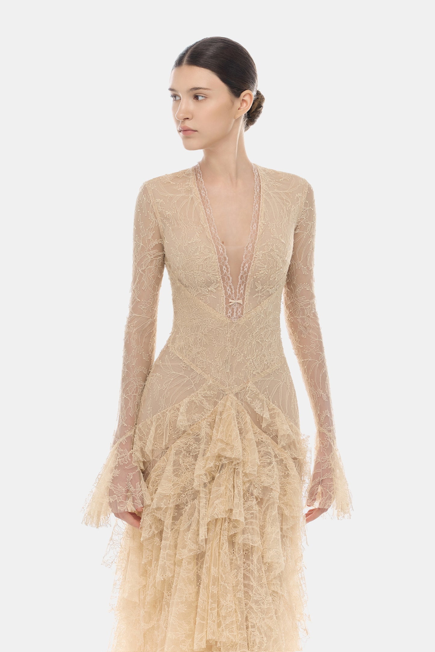 MONTSAND Nude Vacation Elegant Lace V-neck Maxi Dress