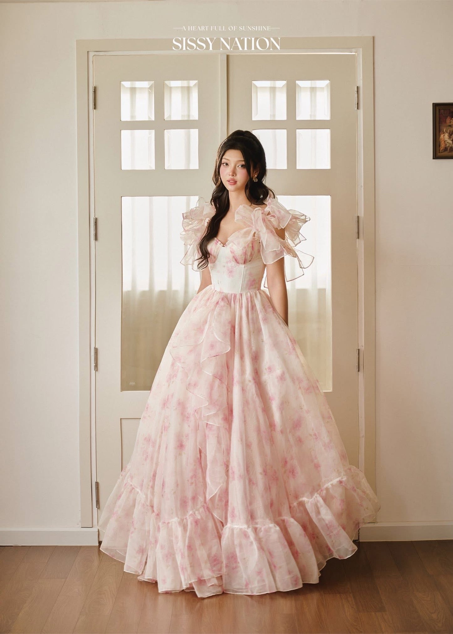 SISSY NATION Pink Floal Peony Ruffle Gown Maxi Dress