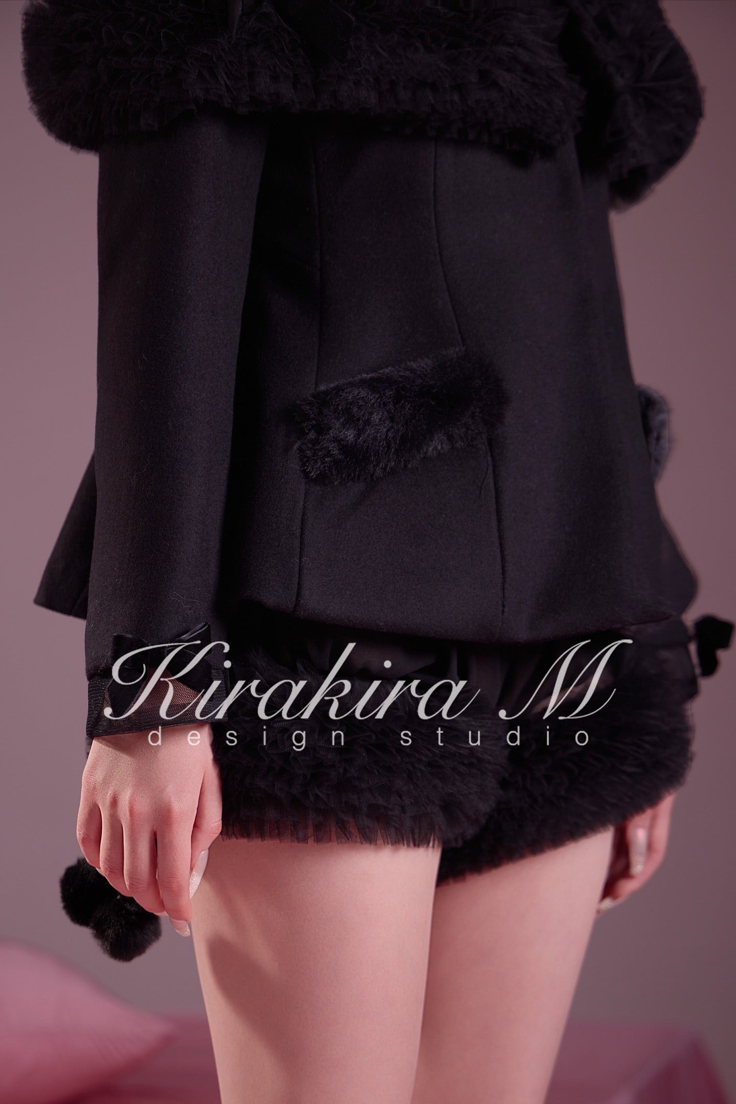 KIRAKIRA M Black Wool V-Neck Fitted Jacket & Low-Waisted Bell-Bottom Shorts