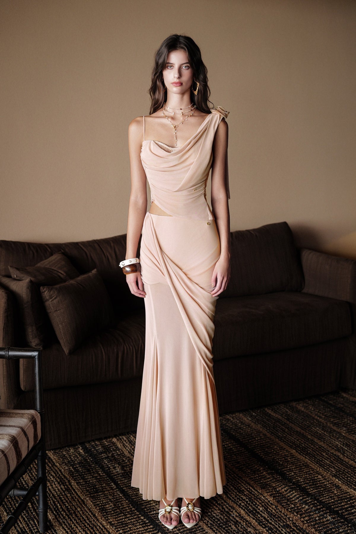 Nude Asymmetric One-Shoulder Draped Cutout 3D Floral Mermai
 Top & Maxi Skirt