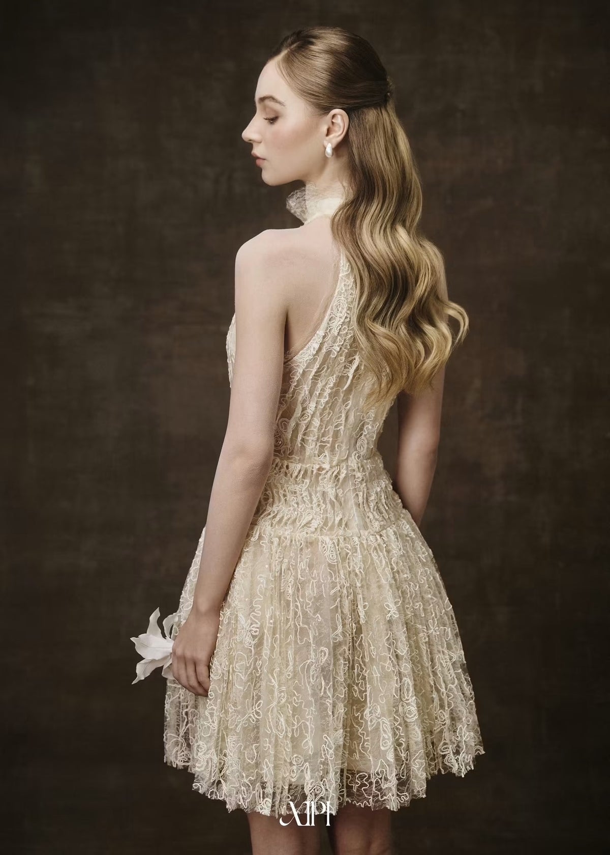 Cream Pleated Halter-neck Lace Narce Midi Dress