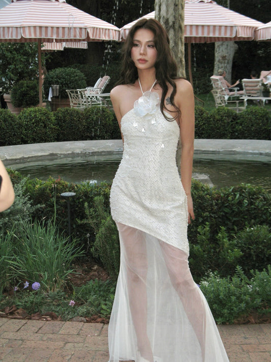 White Flower Halter Pearl Asymmetrical Party Midi Dress