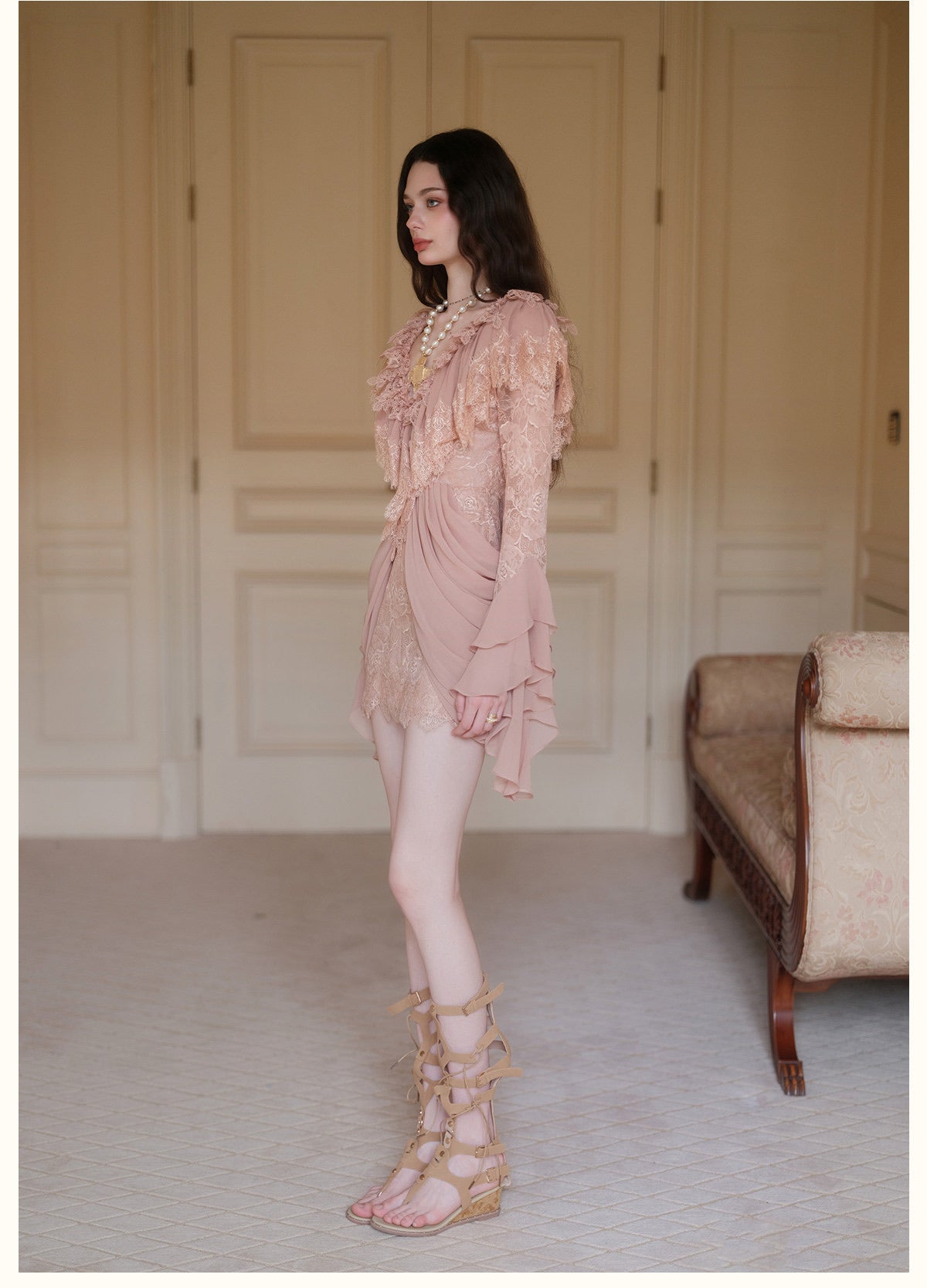 Cream V-Neck Lace Ruffle Long-Sleeve Mini Dress